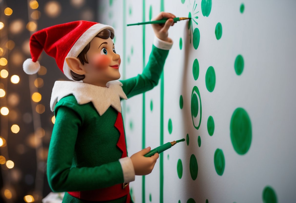 An elf stands on tiptoes, painting invisible ink on the walls with a mischievous grin