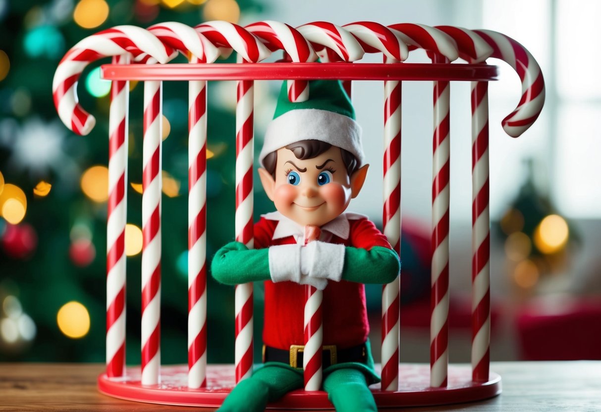 A mischievous elf trapped inside a colorful candy cane jail, looking comically frustrated