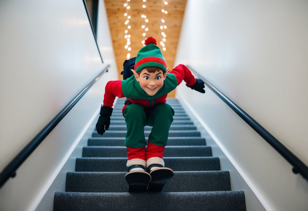 An elf snowboarding down a flight of stairs with a mischievous grin on its face