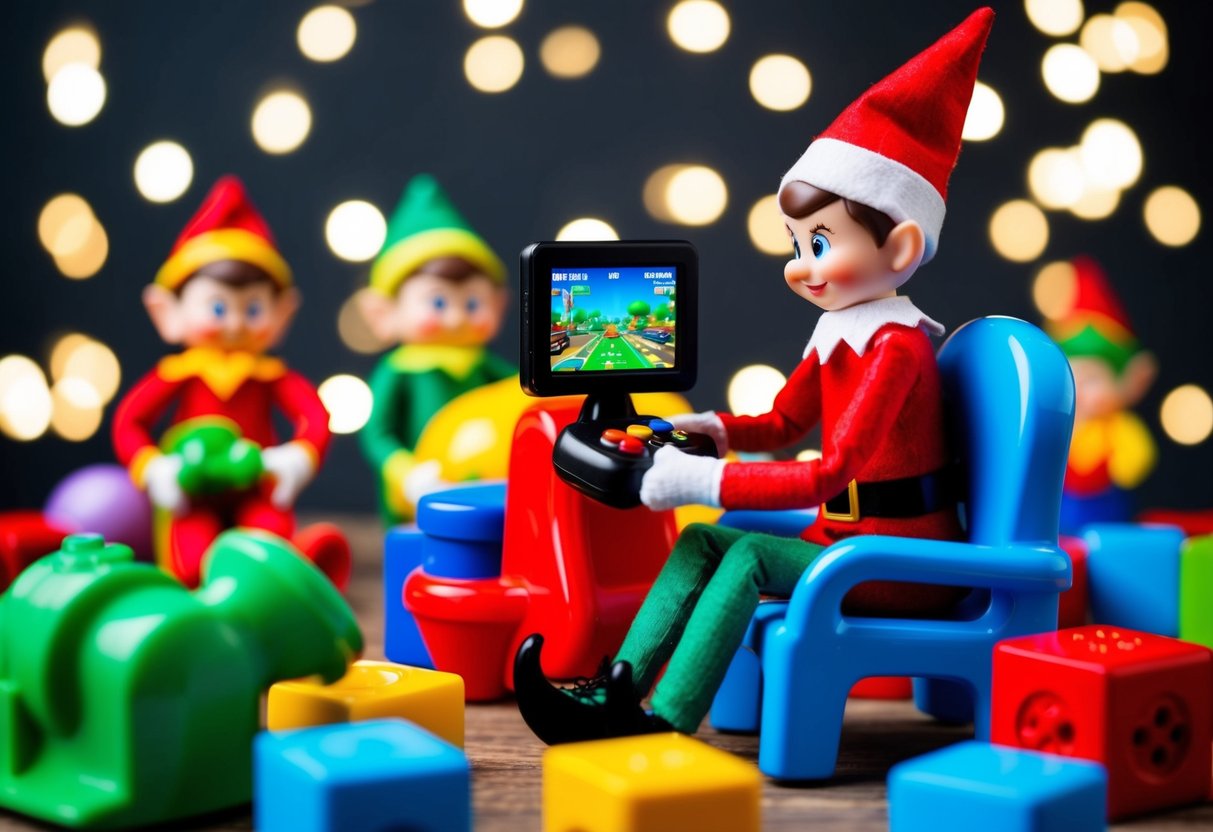 An elf sitting on a toy chair, playing video games on a mini screen surrounded by other toys