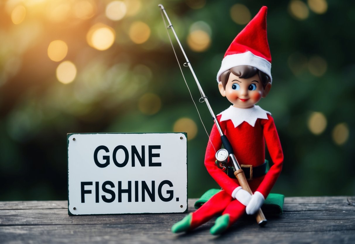 An elf holding a fishing rod and sitting next to a sign that says "Gone Fishing."