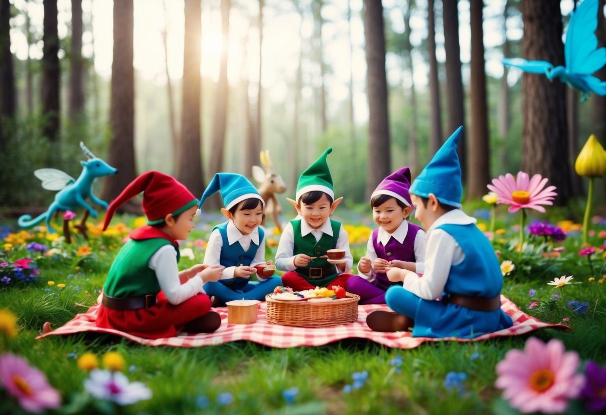 A group of playful elves having a picnic in a whimsical forest clearing, surrounded by colorful flowers and magical creatures