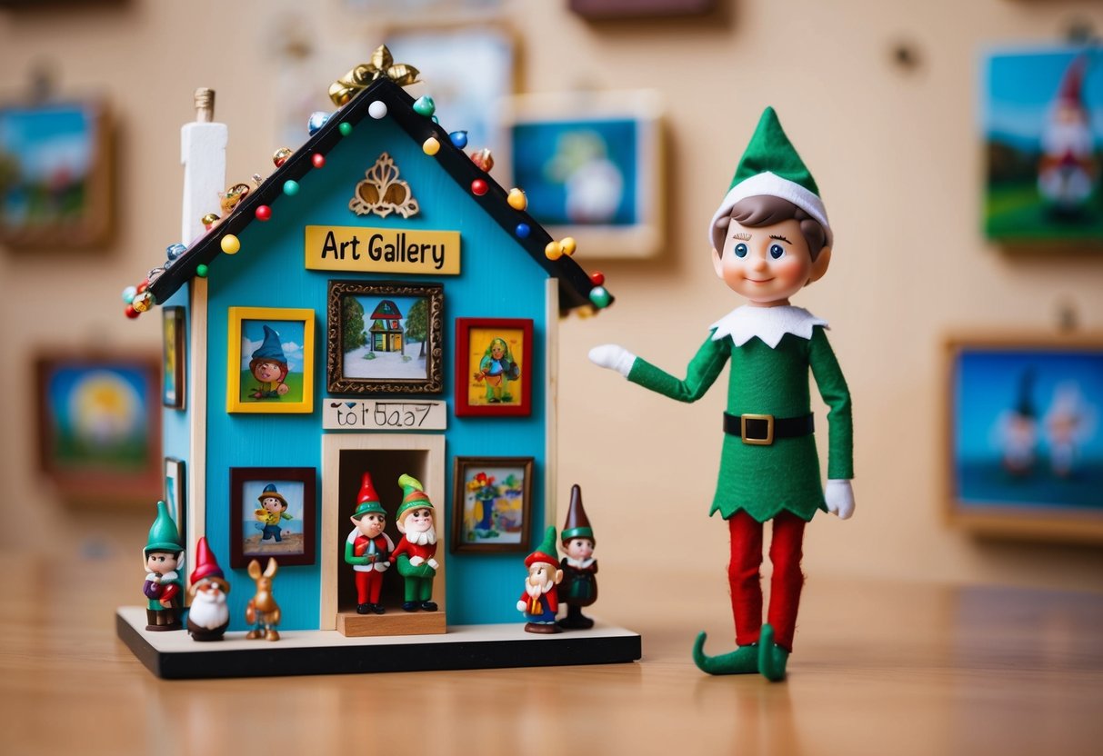 An elf stands proudly next to a tiny art gallery filled with comical mini paintings and sculptures