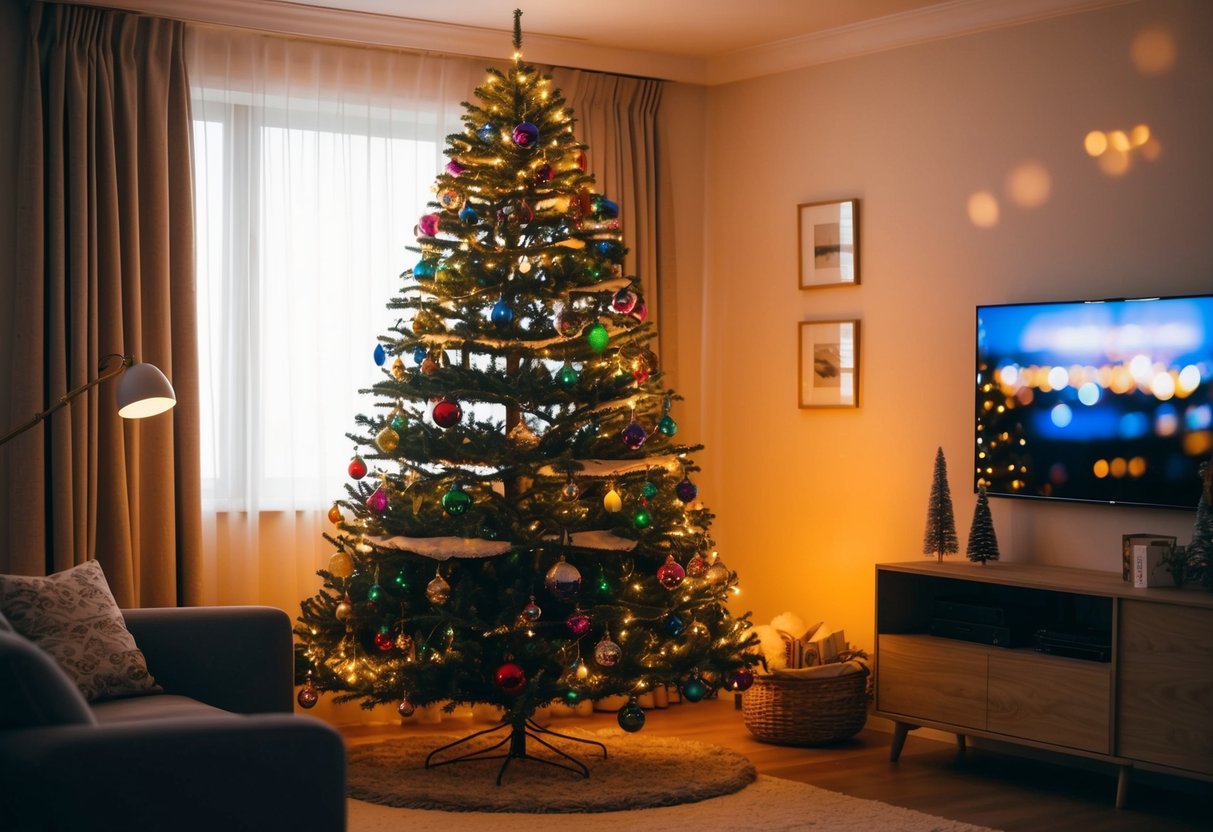 A cozy living room with a tall Christmas tree adorned with colorful lights and ornaments, casting a warm glow over the room