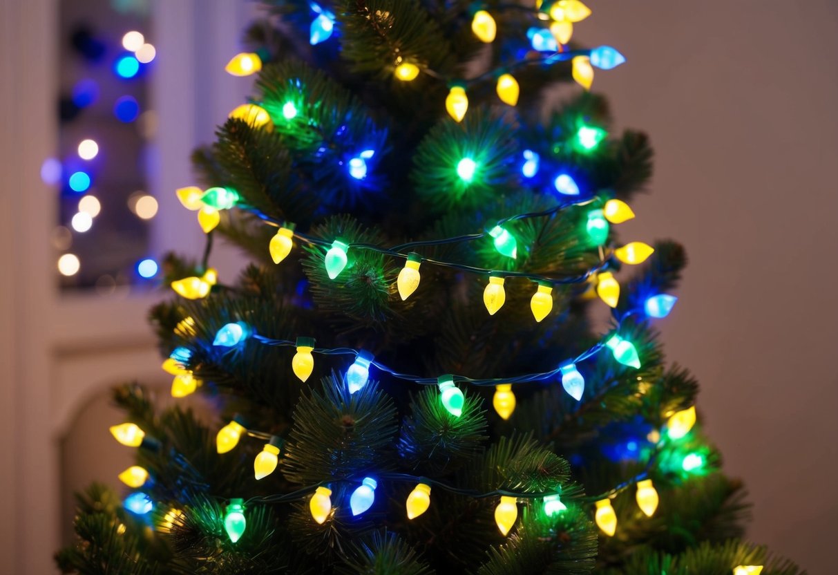 Colorful LED string lights wrapped around a Christmas tree, illuminating the room with a festive glow