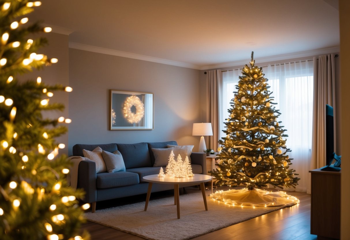 A cozy living room with warm white fairy lights draped around a Christmas tree and twinkling across the room