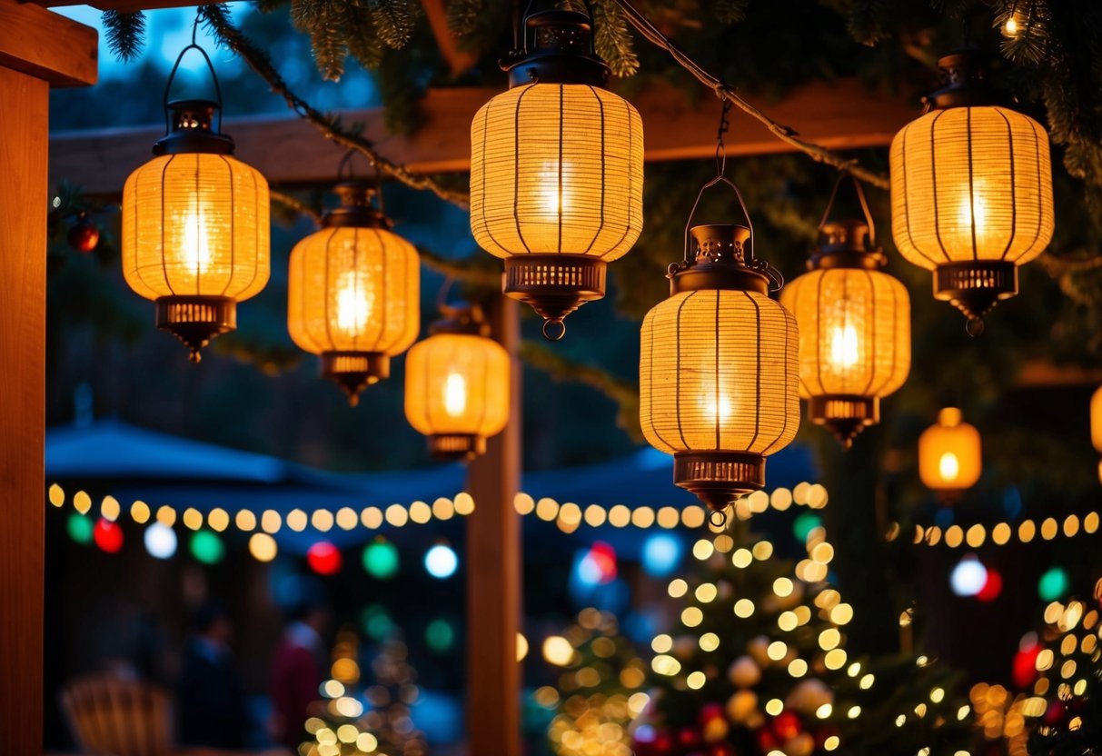 A cozy outdoor scene with multiple hanging lanterns illuminating a festive Christmas display