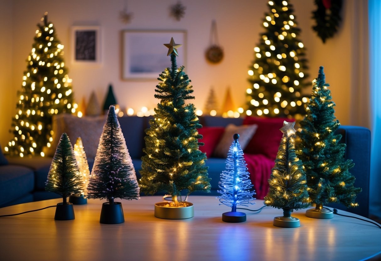 A cozy living room with various battery-operated tabletop trees adorned with twinkling Christmas lights, creating a warm and festive atmosphere