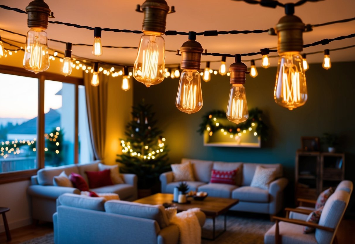 A cozy living room with warm, ambient lighting from vintage Edison bulbs strung across the ceiling, creating a festive and nostalgic atmosphere for the holidays