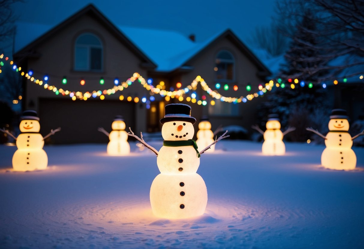 A snowy yard at night, filled with glow-in-the-dark snowmen surrounded by colorful Christmas lights