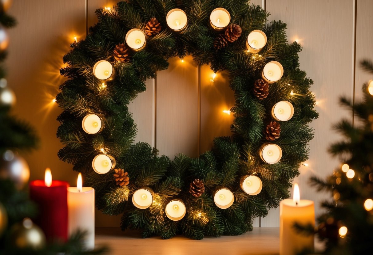 A wreath adorned with LED candles illuminates a cozy holiday scene