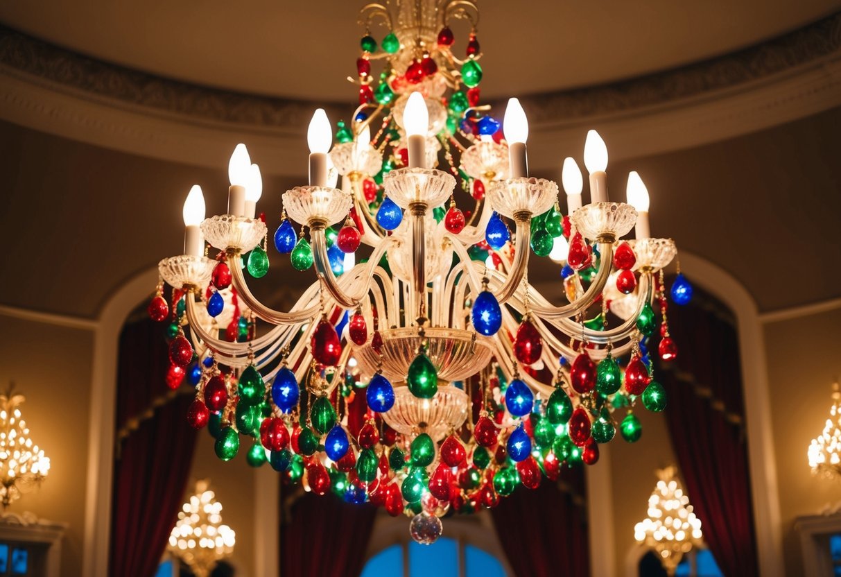 A grand chandelier adorned with colorful Christmas lights illuminates a festive room