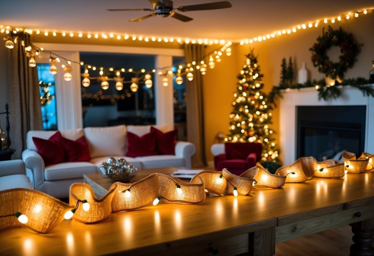 A cozy living room adorned with a rustic burlap light garland, casting a warm glow over the festive holiday decor