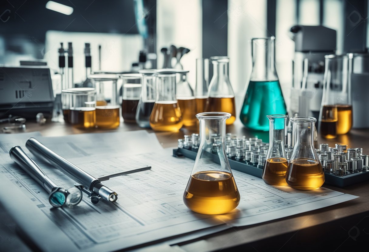 A laboratory table with beakers, test tubes, and scientific equipment, surrounded by technical documents and charts detailing the specifications of Xylooligosaccharide XOS