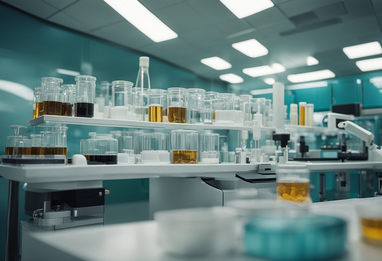 A laboratory setting with equipment and containers, showcasing the process of testing and certifying Xylooligosaccharide XOS specifications