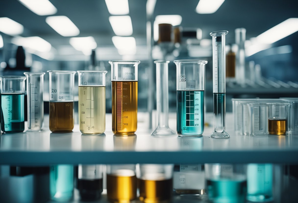 A laboratory setting with beakers, test tubes, and scientific equipment, showcasing the process of analyzing and testing xylooligosaccharide XOS specifications