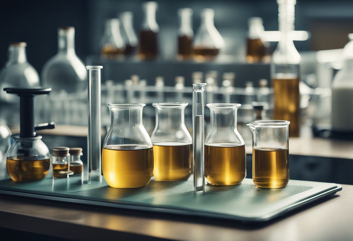 A laboratory table with beakers, test tubes, and scientific equipment, displaying the specifications for Xylooligosaccharide XOS