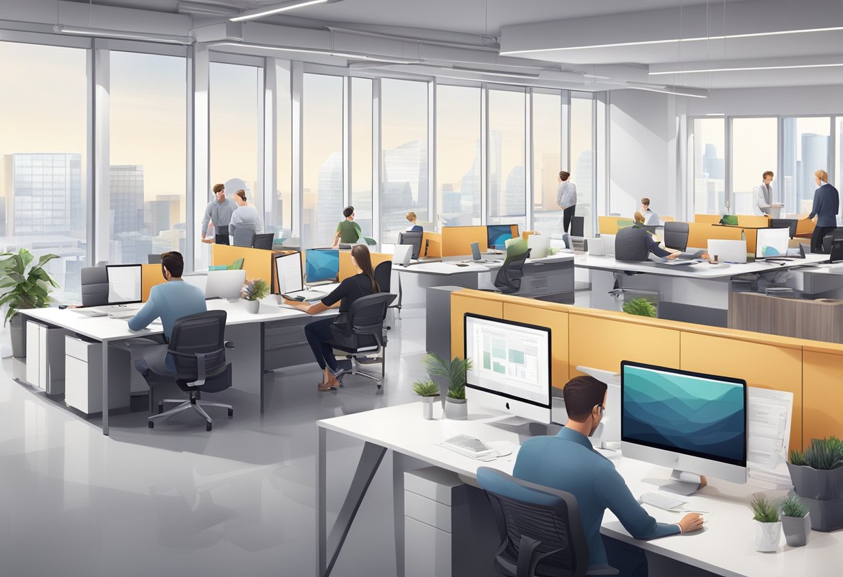 A modern architectural firm's office, with architects collaborating on designs, while outsourced teams work on digital renderings and 3D models