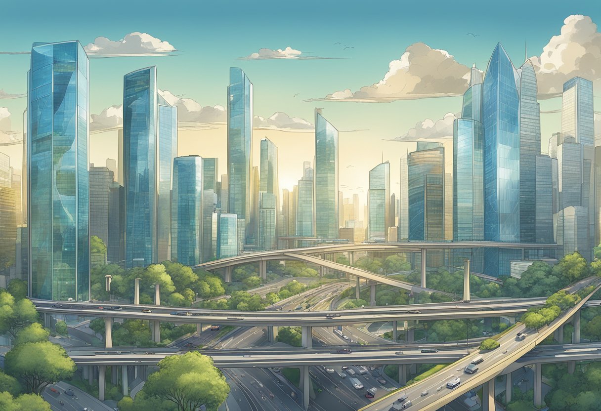 A bustling city skyline with multiple office buildings connected by a network of roads and bridges, showcasing the interconnected nature of the WorldTeams Advantage architecture