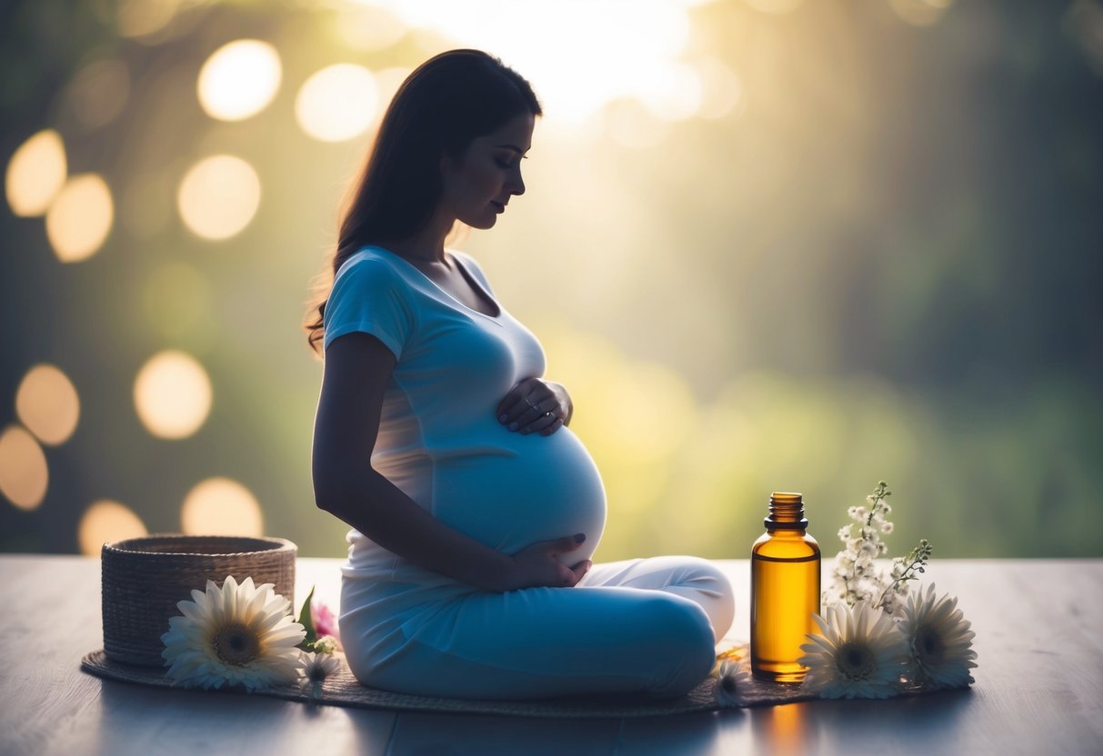 A pregnant woman's silhouette with a bottle of batana oil surrounded by soothing and calming elements such as flowers and gentle lighting