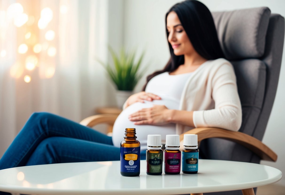 A serene pregnant woman sits in a comfortable chair, surrounded by bottles of essential oils. A bottle of batana oil sits on the table in front of her, with a soft glow highlighting its label