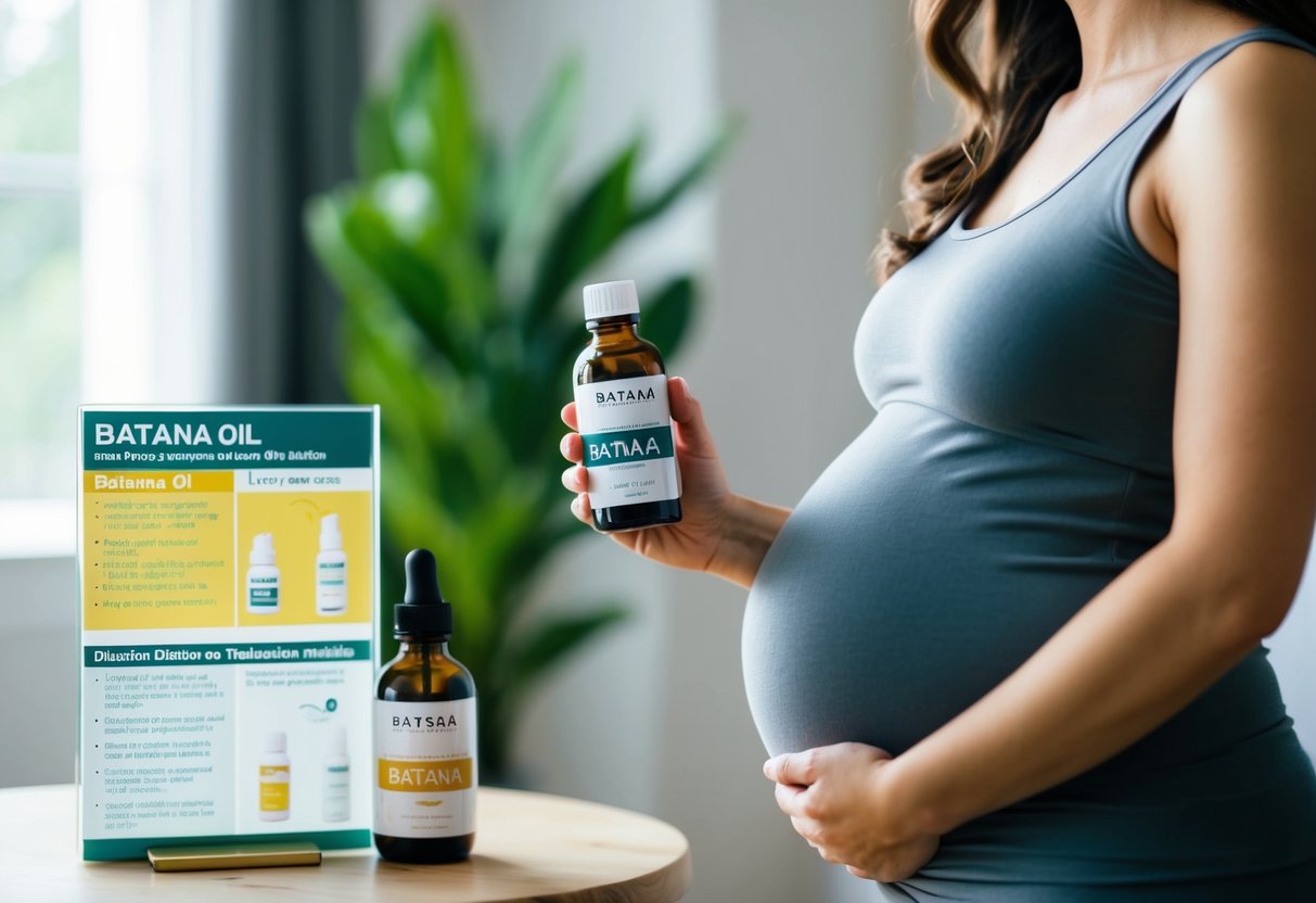 A pregnant woman holding a bottle of batana oil, with dilution guidelines and application methods displayed on a nearby table