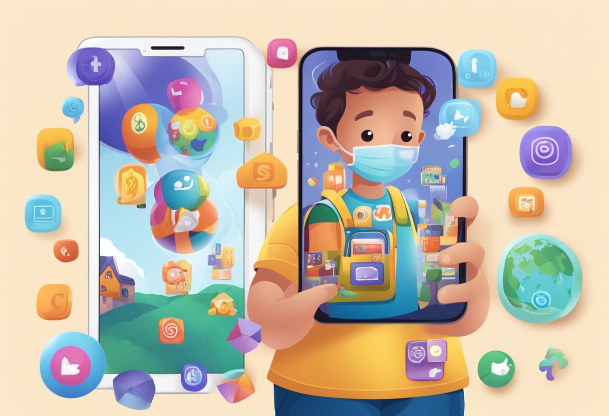 Uma criança segurando um smartphone, com um lado mostrando conteúdo educacional e o outro lado exibindo jogos viciantes e redes sociais.