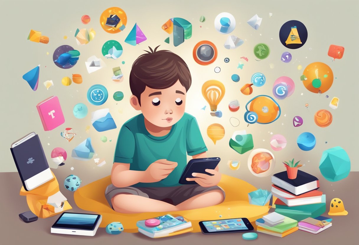 Uma criança segurando um smartphone, cercada por aplicativos educativos e distrações, com uma mistura de curiosidade e frustração no rosto.