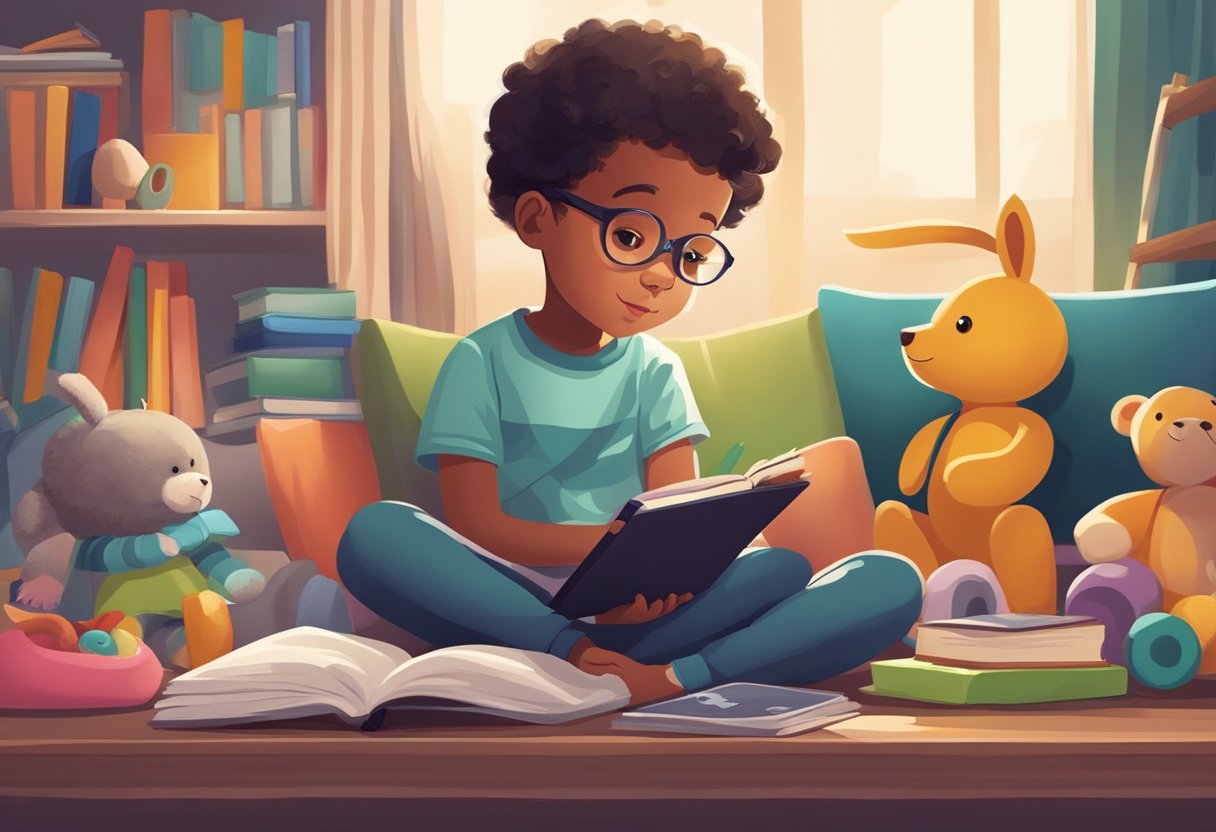 Uma criança sentada em um quarto aconchegante, cercada por brinquedos e livros, enquanto um smartphone está sobre uma mesa próxima. A criança está olhando para o smartphone com uma mistura de curiosidade e fascínio.