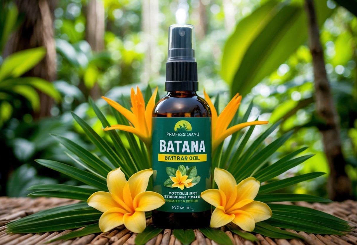 A bottle of batana oil surrounded by tropical plants and flowers, with a backdrop of a lush rainforest