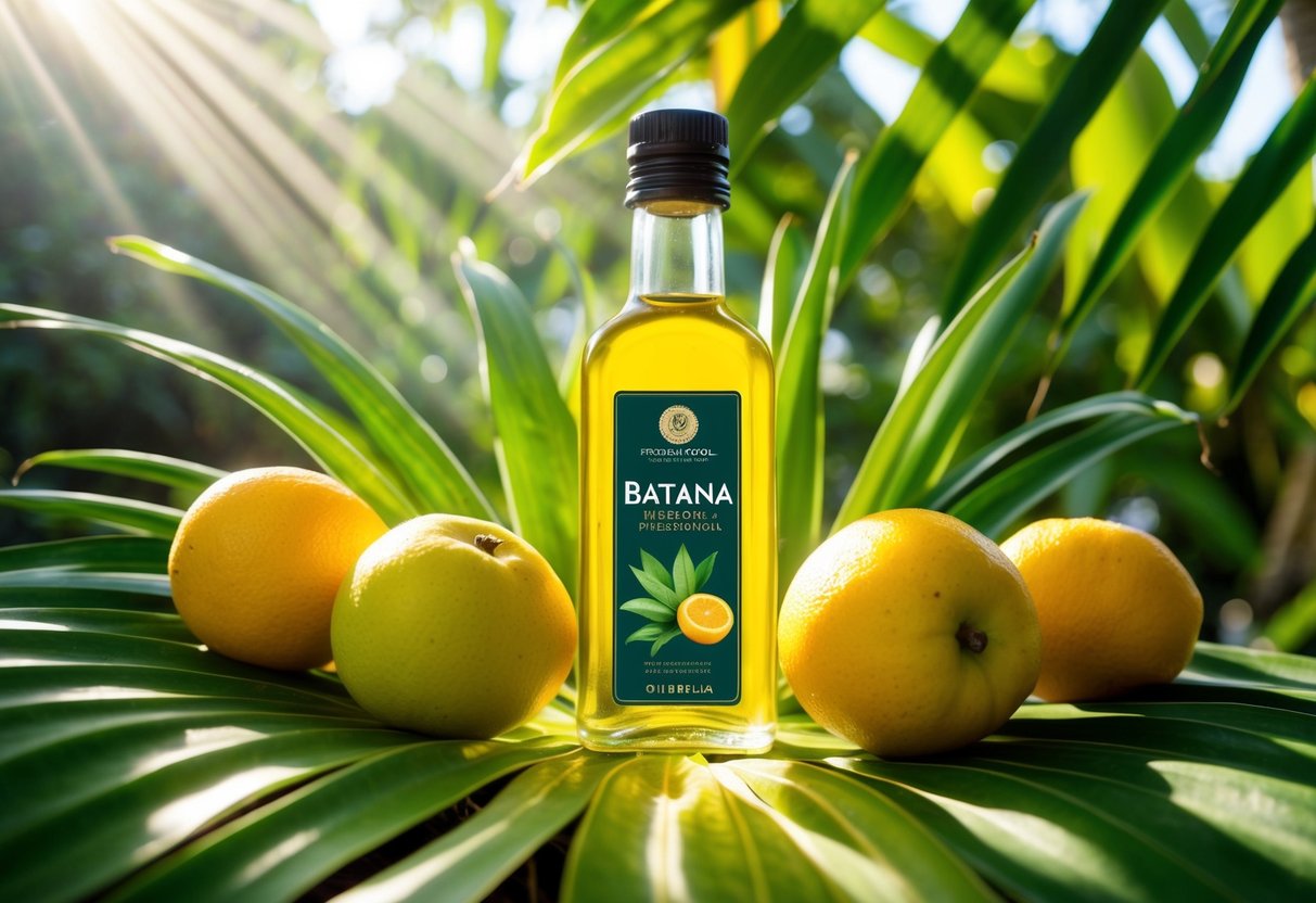 A bottle of batana oil surrounded by tropical plants and fruits, with rays of sunlight shining through the leaves