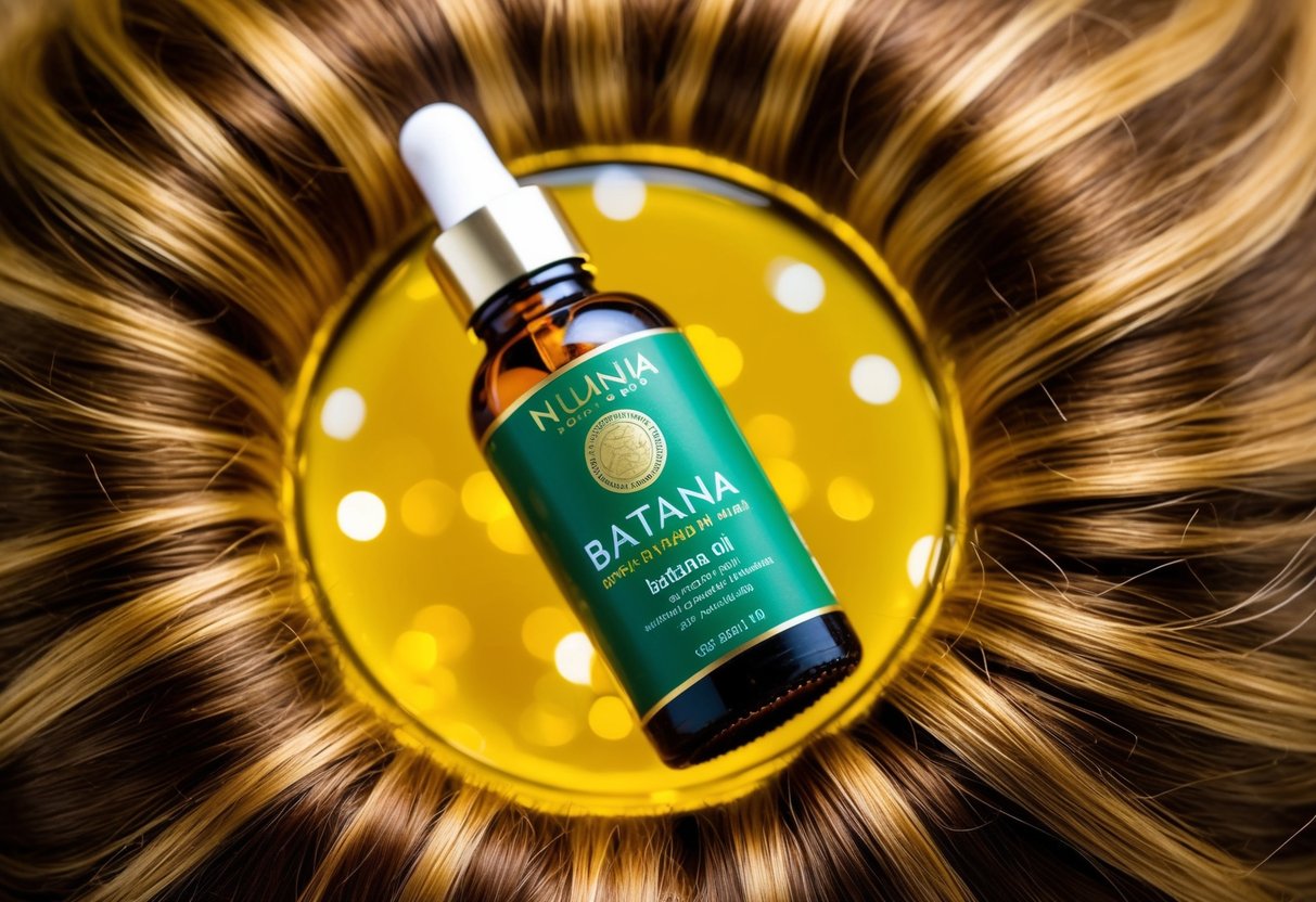 A bottle of batana oil surrounded by vibrant, healthy-looking hair strands