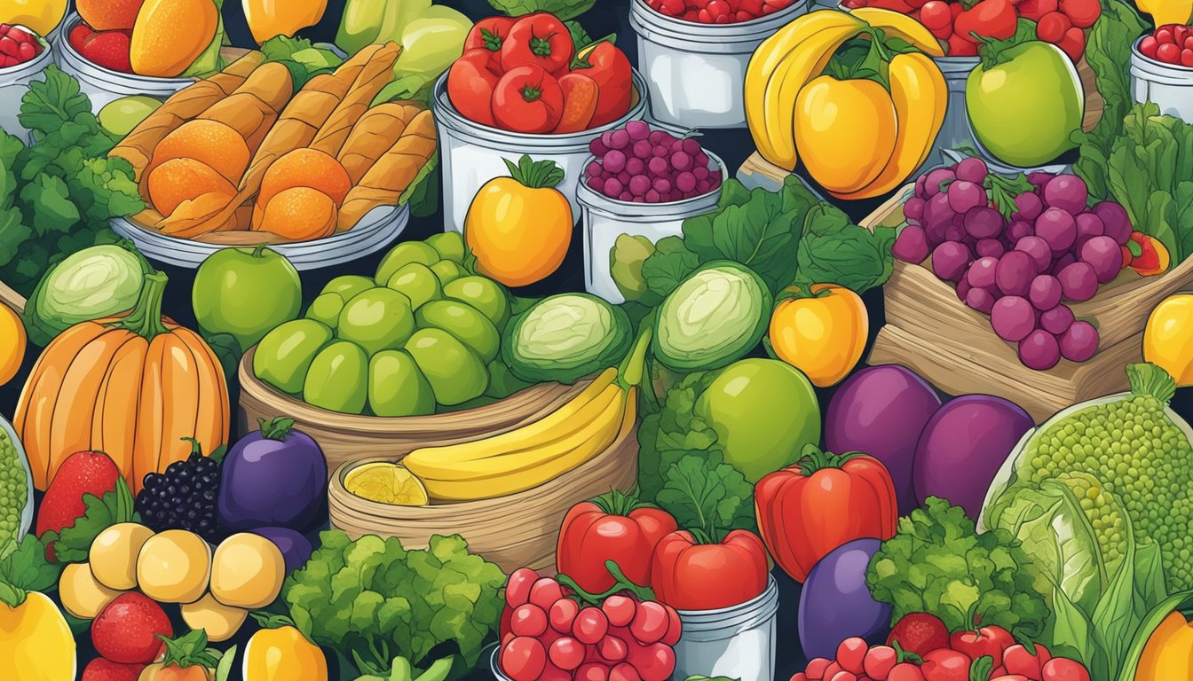 A colorful array of fresh fruits and vegetables contrasted with packaged foods containing artificial preservatives