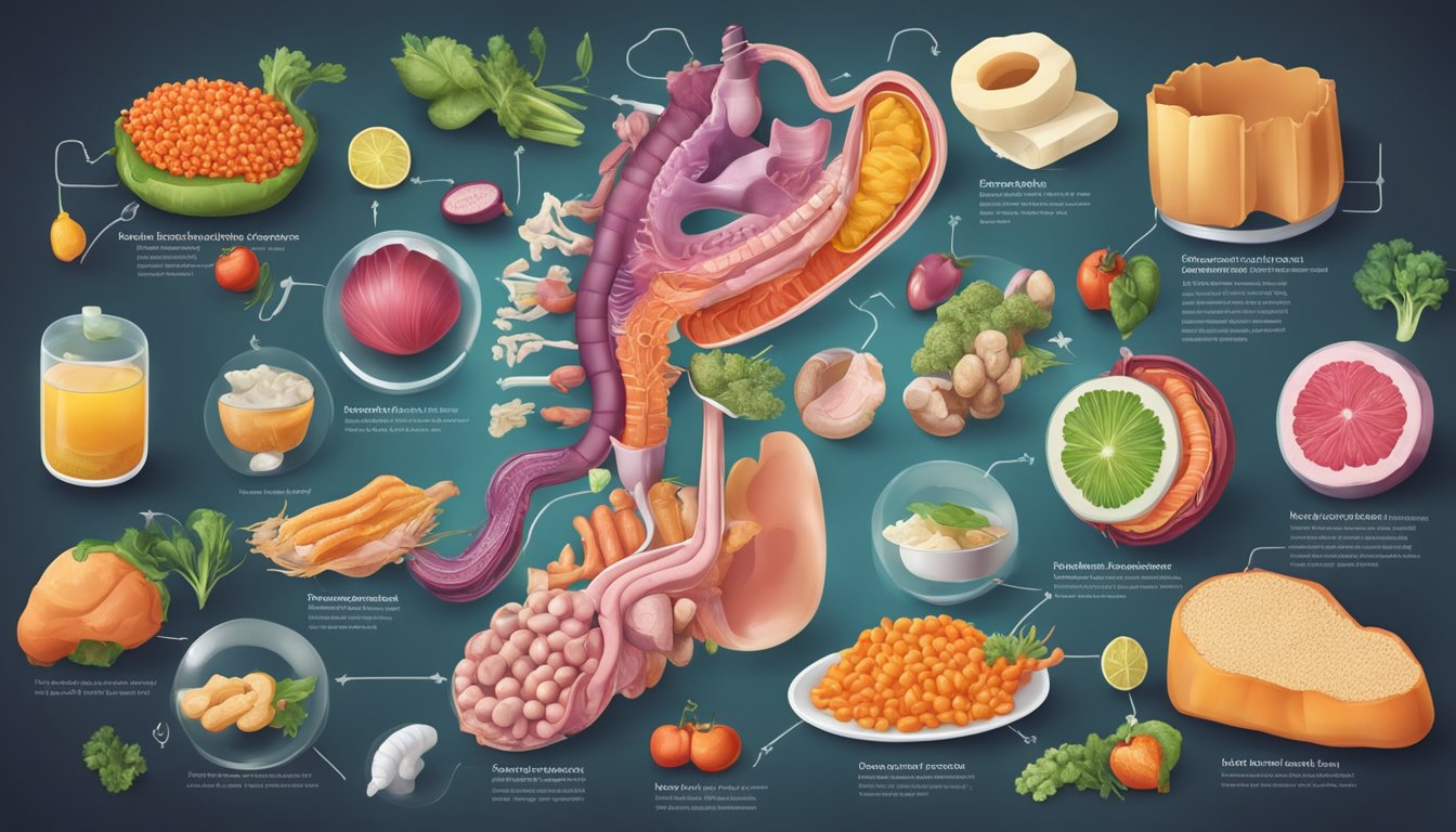 A colorful illustration of the digestive system in action, with various foods being processed and broken down by different organs