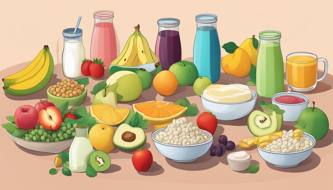 A table with a mix of incompatible foods: fruit with dairy, protein with starch, and acidic with alkaline, representing the misconceptions of the food combining diet