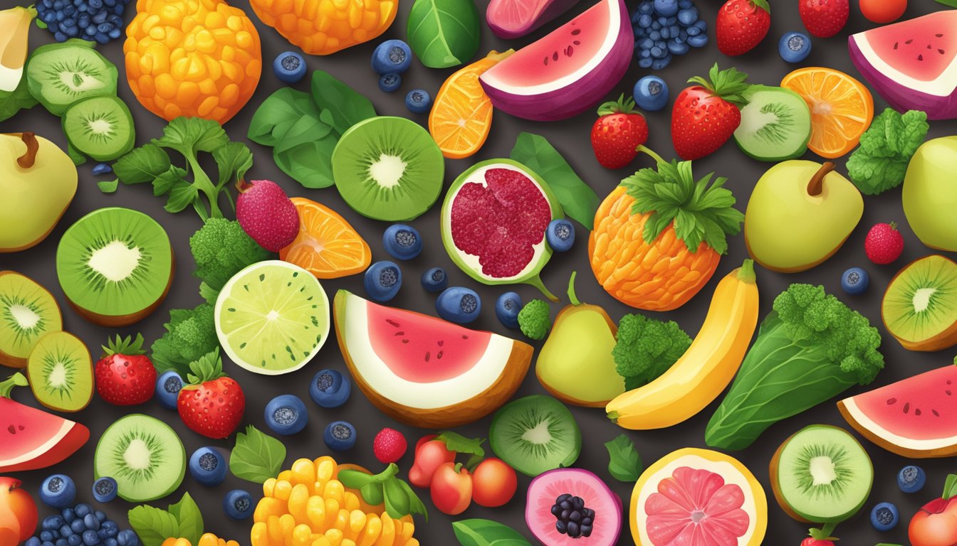 A vibrant array of superfoods, including colorful fruits, vegetables, and seeds, arranged in an enticing display