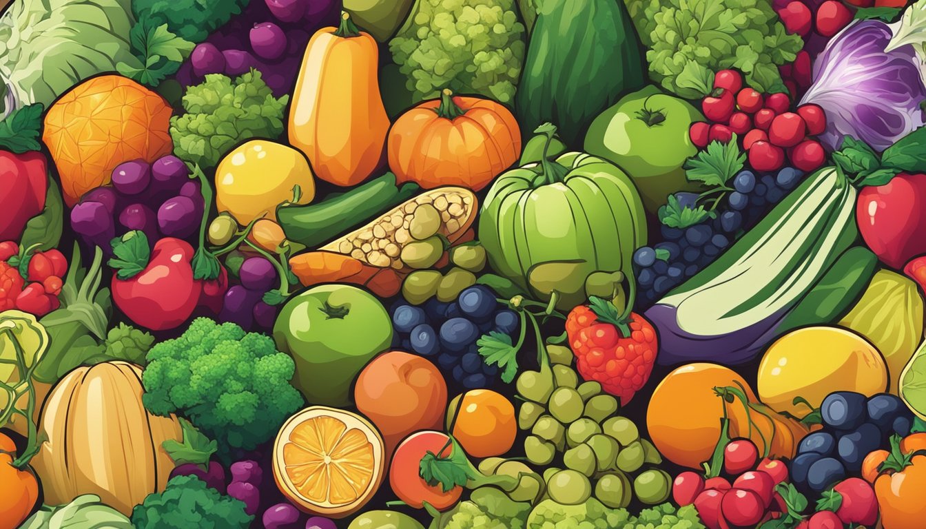 A variety of colorful fruits and vegetables arranged in a chaotic yet visually appealing manner, with a spotlight shining on one particular item