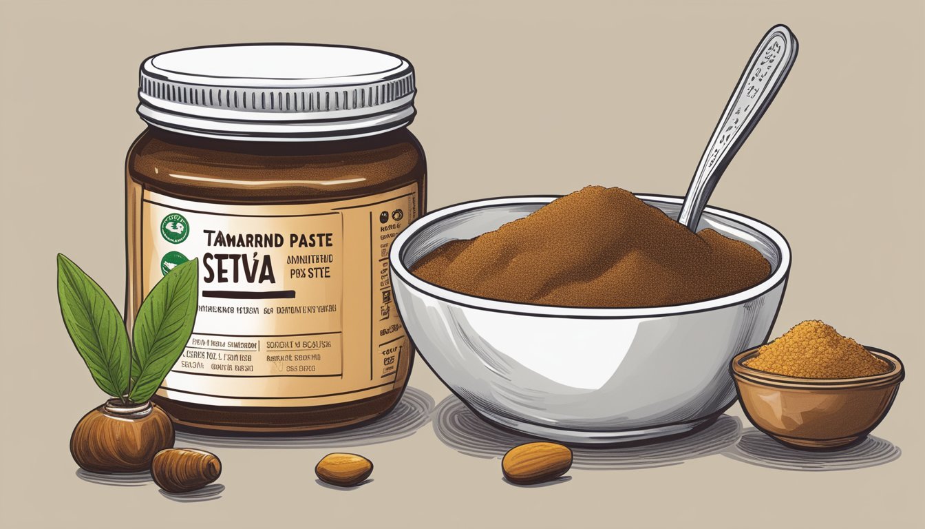 A jar of tamarind paste sits next to a bowl of sugar, honey, and stevia. A nutrition label and a spoon are also present