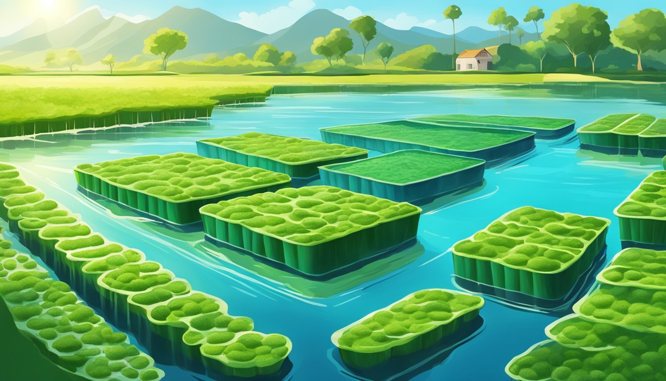 A vibrant spirulina farm with lush green algae floating on the water's surface, surrounded by a clear blue sky and the sun shining down