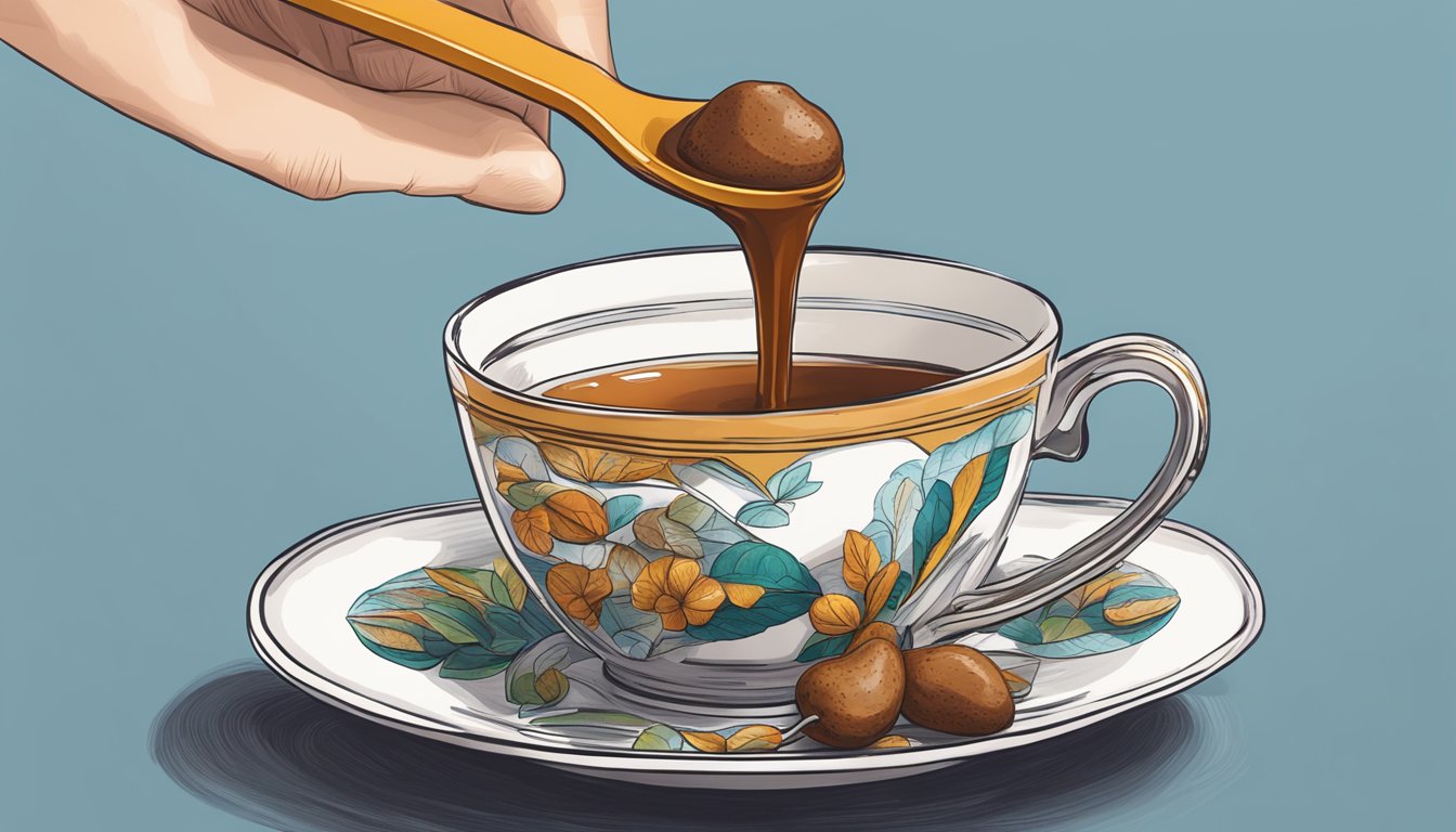 A spoonful of tamarind paste being used to sweeten a cup of tea