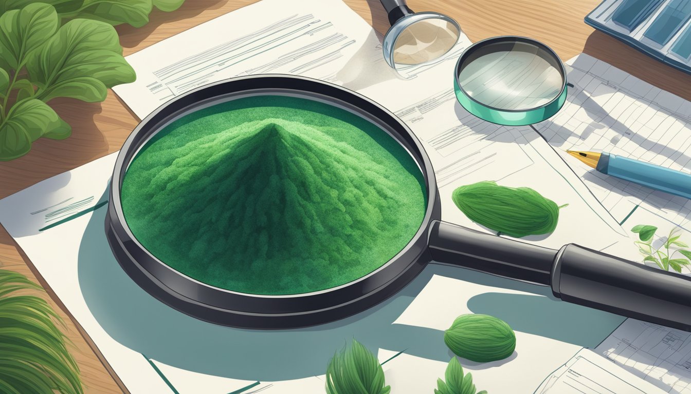 A vibrant spirulina plant surrounded by scientific research papers and a magnifying glass