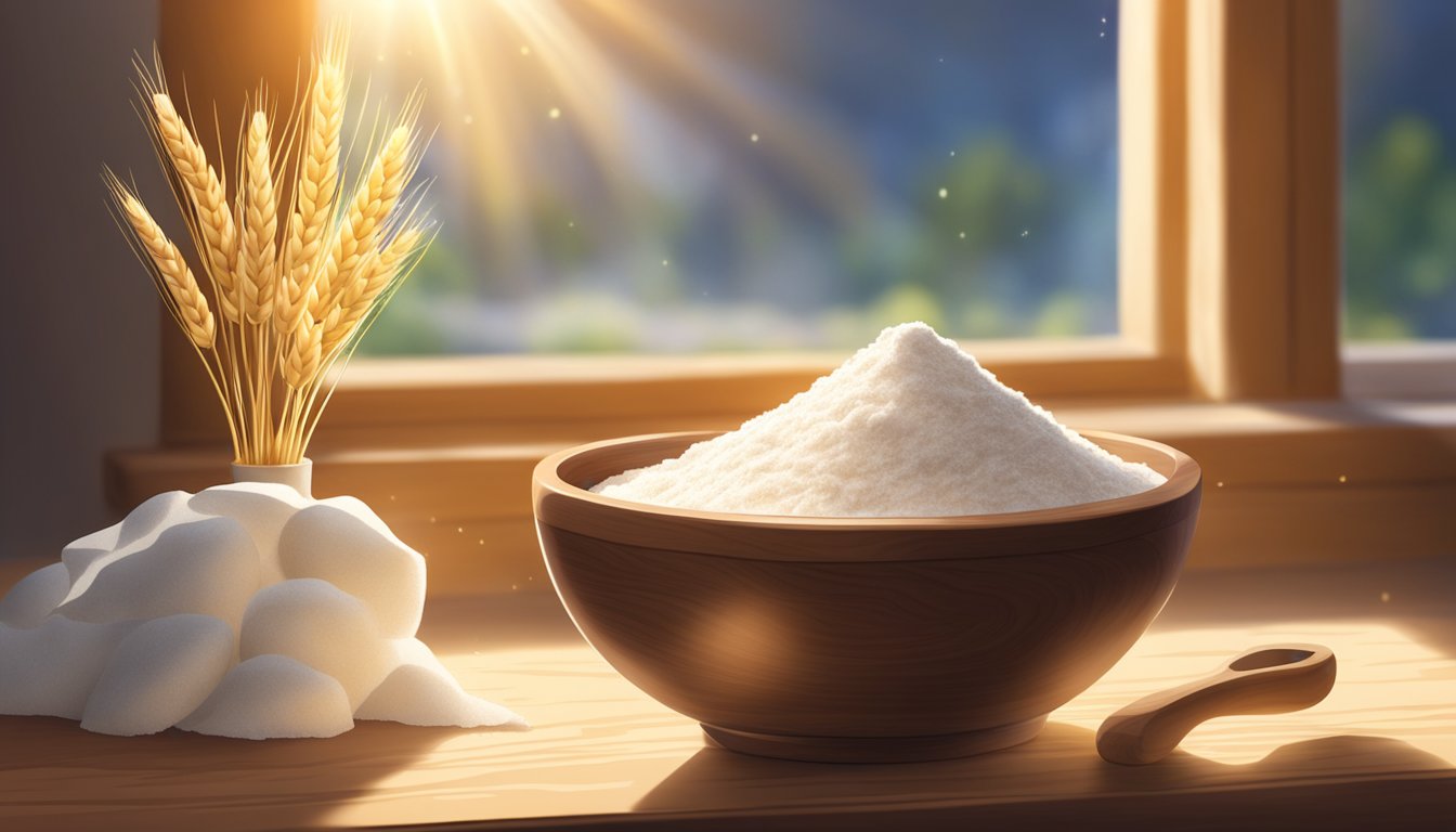 A wooden bowl filled with tapioca flour sits next to a bag of wheat flour. Rays of sunlight stream in through a window, illuminating the scene