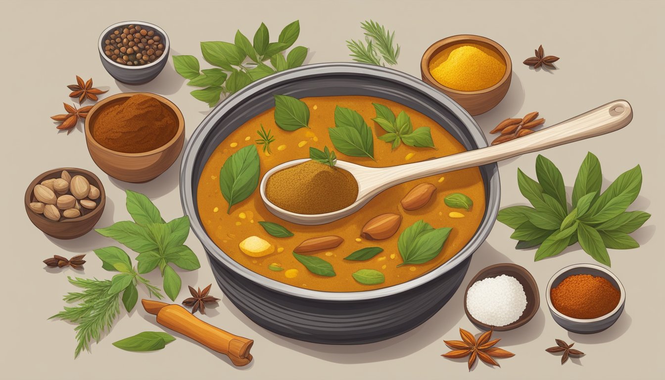 A wooden spoon stirs tamarind paste into a bubbling pot of curry, surrounded by bowls of colorful spices and fresh herbs