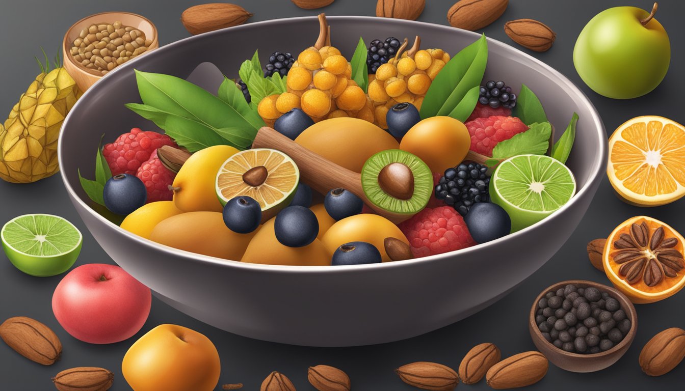 A bowl of tamarind paste surrounded by various fruits and natural sweeteners, with a "healthy choices" label in the background