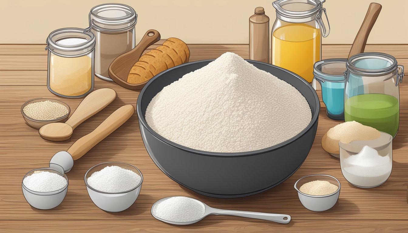 A mixing bowl filled with tapioca flour, surrounded by various gluten-free baking ingredients and utensils on a wooden kitchen counter