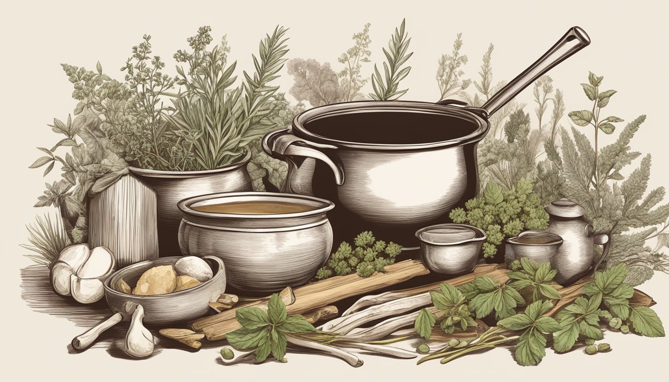 A simmering pot of bone broth surrounded by ancient cooking utensils and herbs, symbolizing the historical significance and health benefits of this traditional remedy