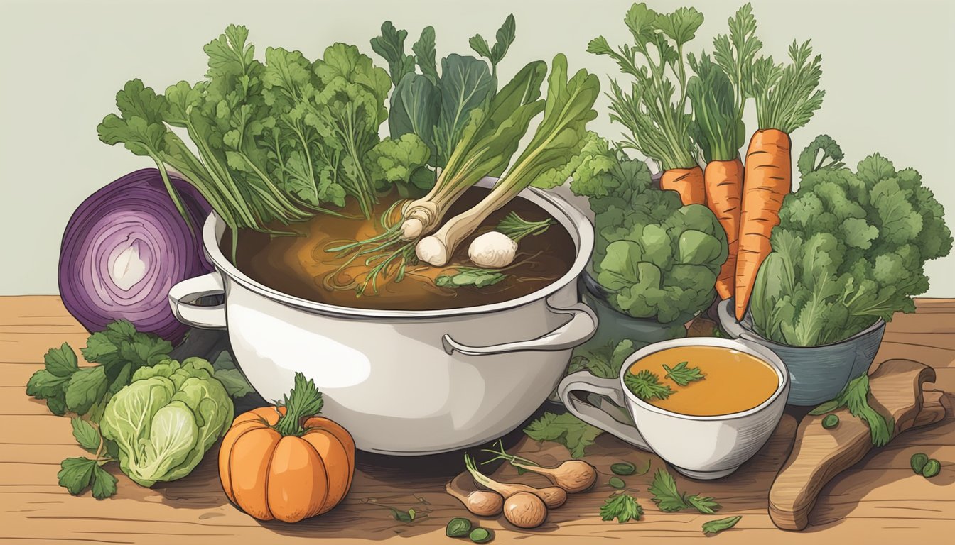 A pot of simmering bone broth surrounded by various fresh vegetables and herbs, with a steaming bowl of broth being poured into a mug