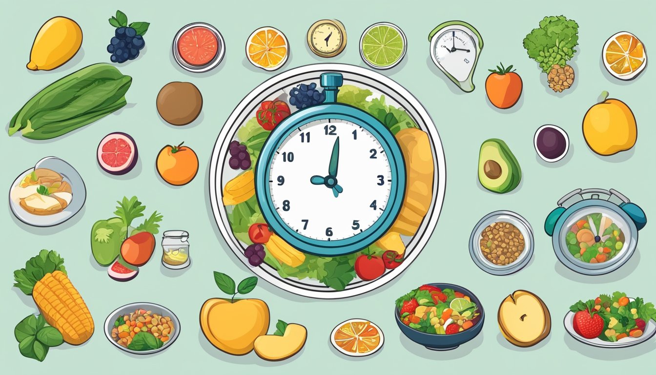 A clock showing different meal times, a plate of healthy food, and a scale with fluctuating numbers