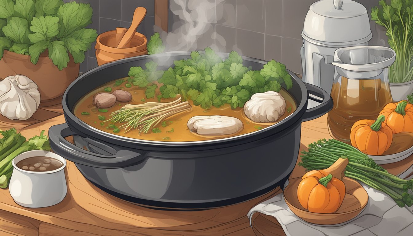 A simmering pot of bone broth on a stovetop, surrounded by fresh vegetables and herbs, with steam rising and a sense of warmth and nourishment