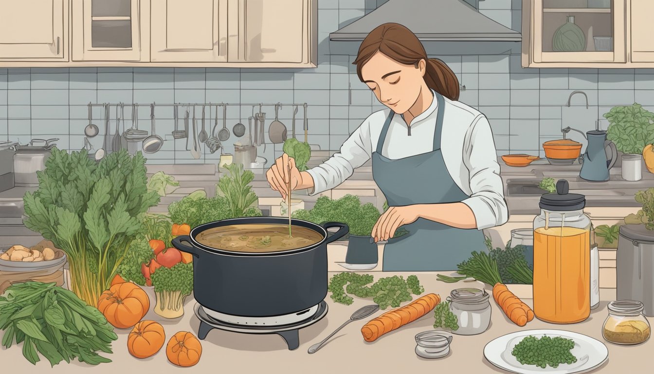 A bubbling pot of bone broth surrounded by various herbs, vegetables, and bones simmering on a stovetop. A scientist observes and takes notes